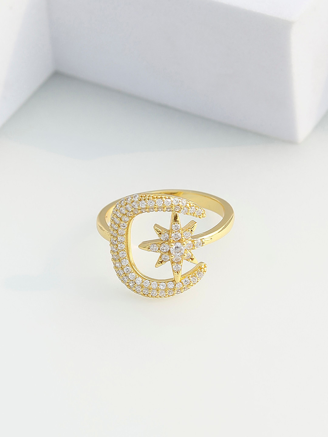 DIAVO 925 Sterling Silver Gold-plated  Artificial Stones Studded Moon Star Finger Ring