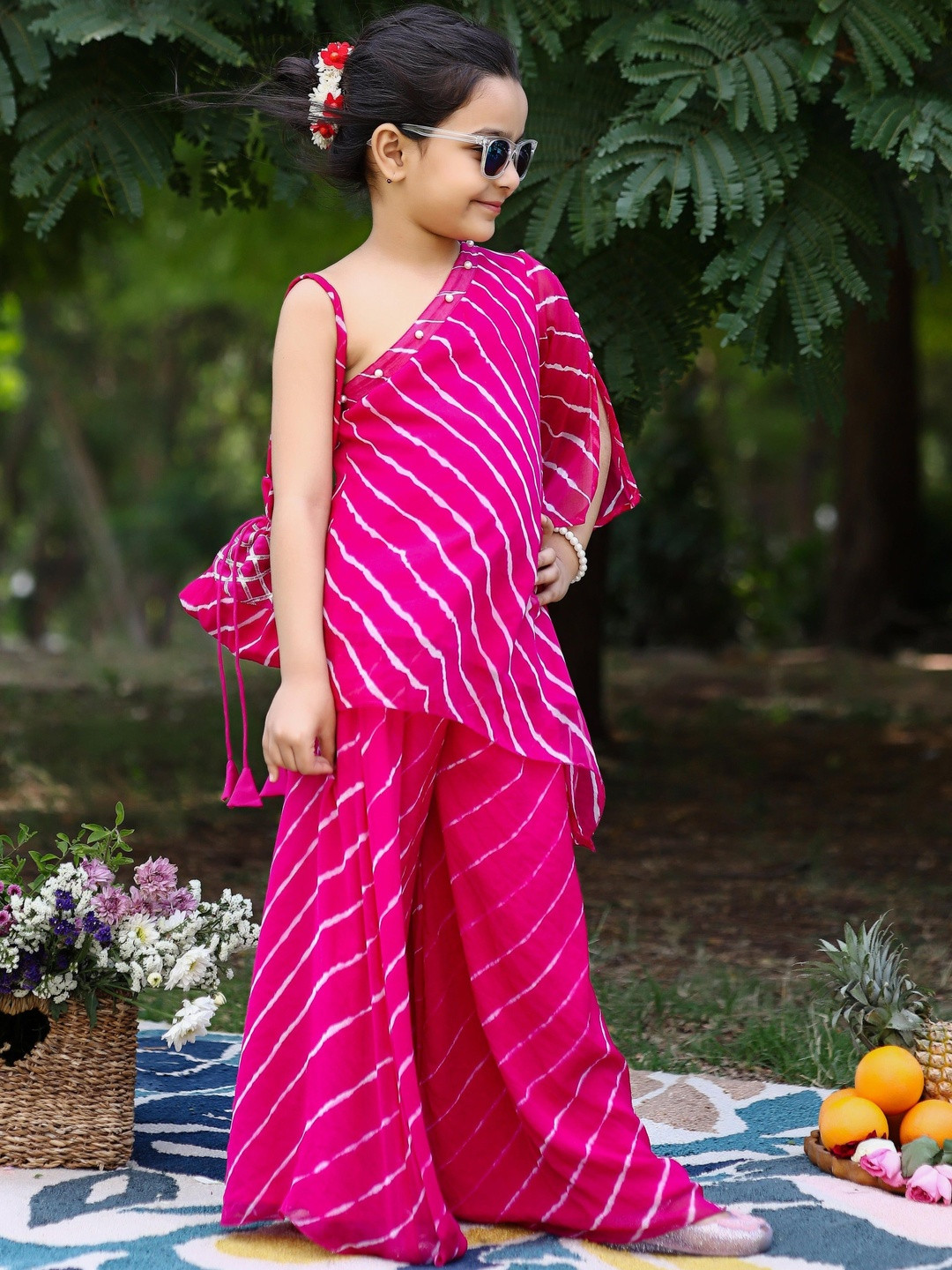 Sangria Girls Leheriya One Shoulder Kurta Set