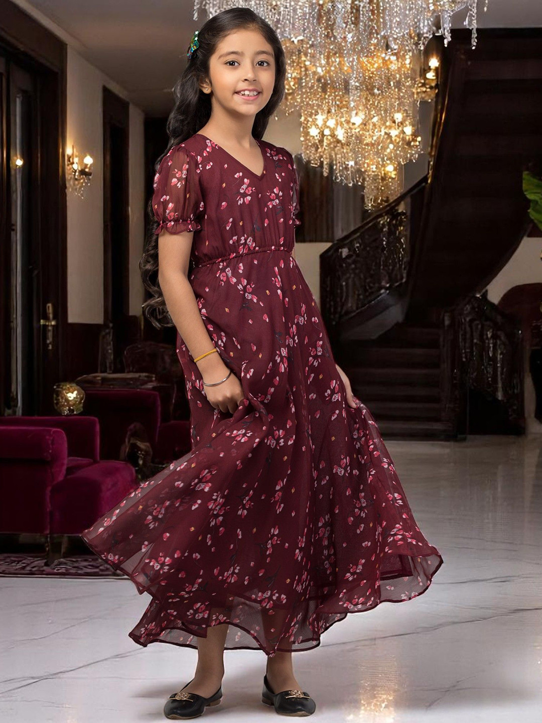Tito Patito Girls Floral Printed Georgette Maxi Dress