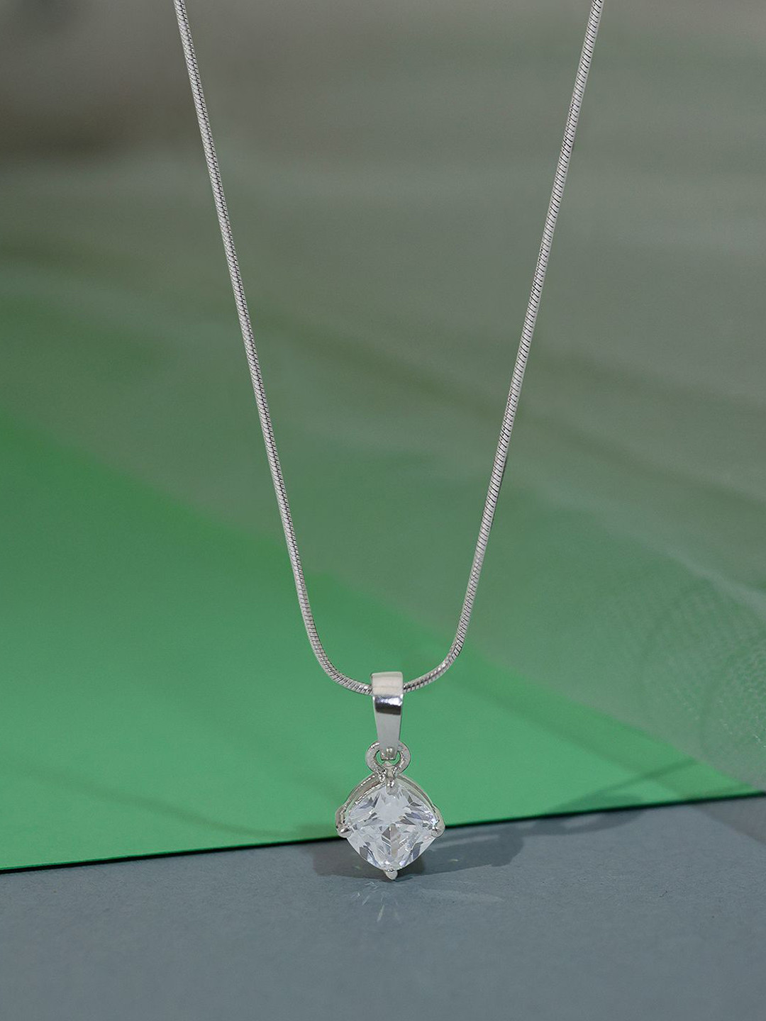 Tweov 925 Sterling Silver Rhodium-Plated AD Studded Square Shaped Pendant With Chain