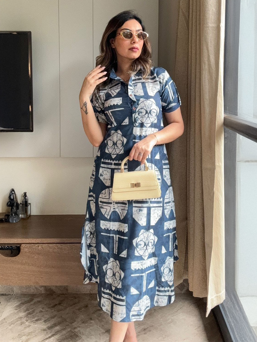 WAMA TRENDZ Kirti Mosaic Women Geometric Printed Shirt Collar Shirt Midi Dress