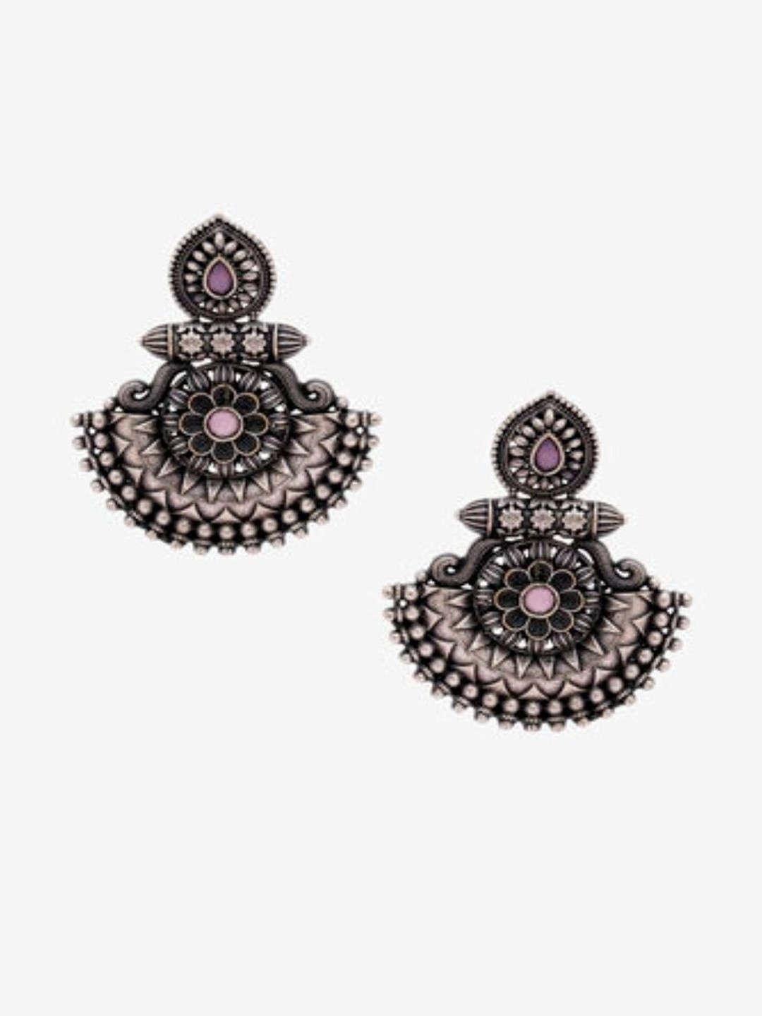 HENA DESIGNS LLP Silver-Plated Artificial Stones Studded Oxidized Contemporary Studs
