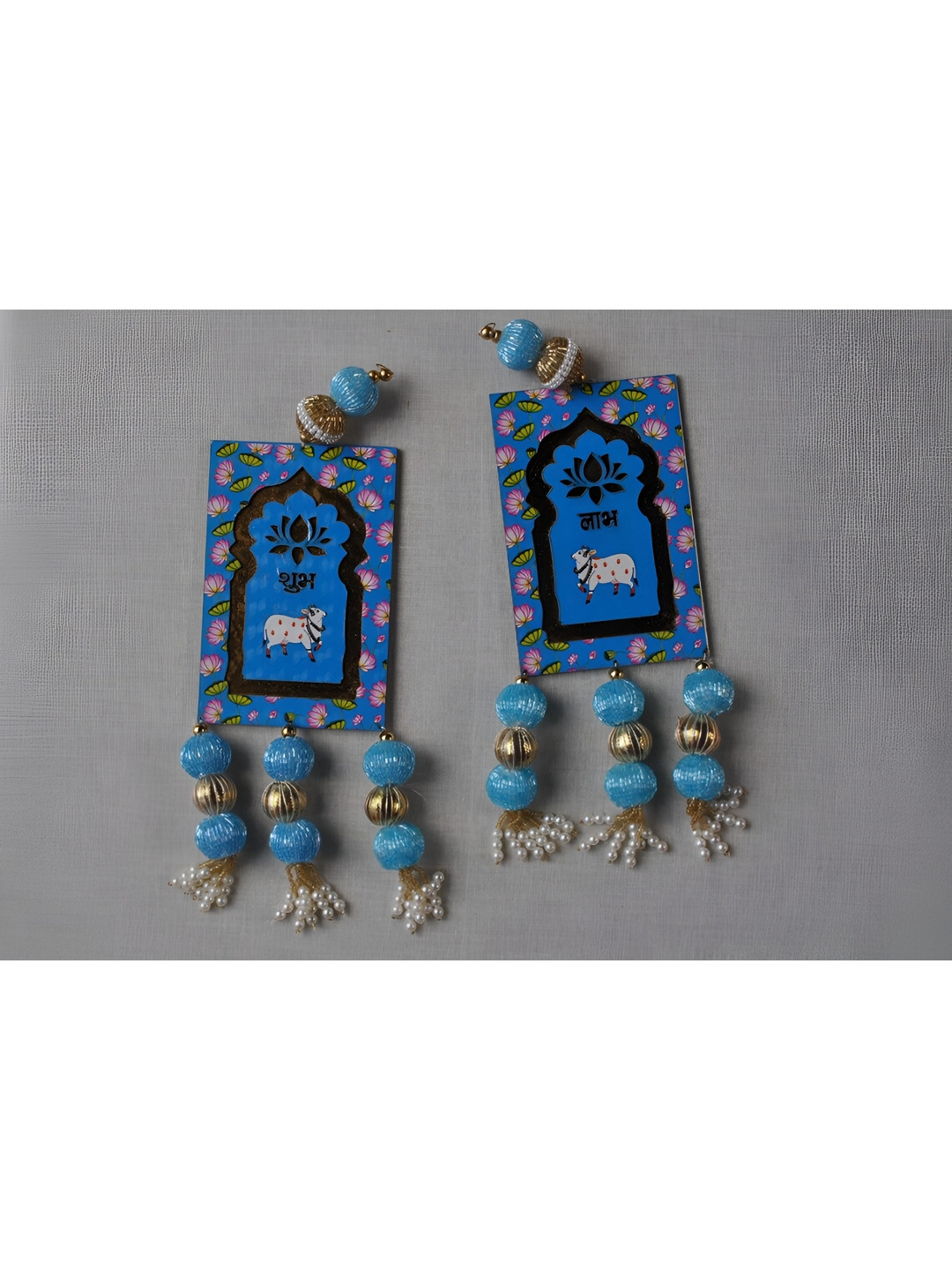Sellplus 2Pcs Blue & White Textured Pichwai Cow Shubh labh Tassel Hanging Torans