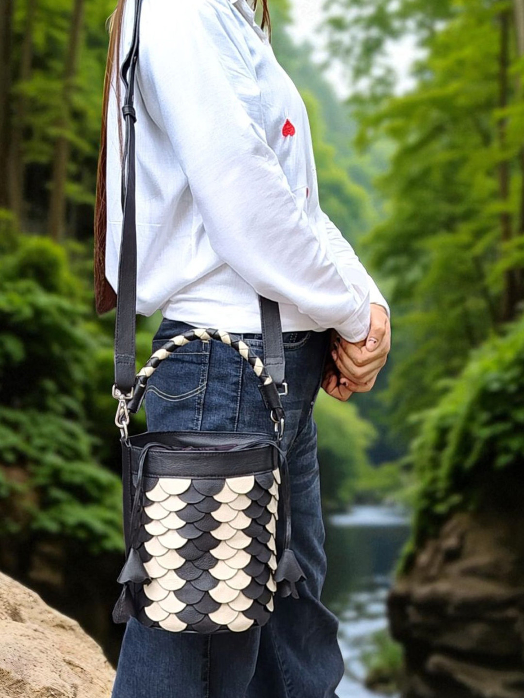 PERKED Leather Structured Sling Bag with Fringed