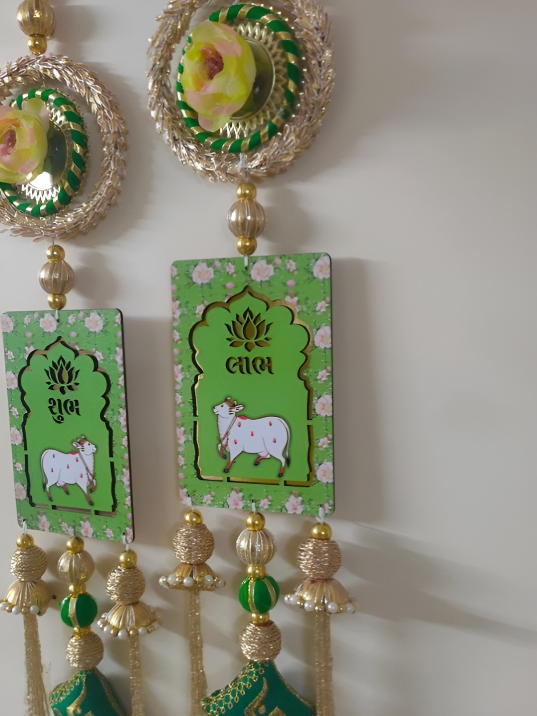 Sellplus 2Pcs Green & Yellow Textured Pichwai Cow Shubh Labh Cushion Hanging Torans