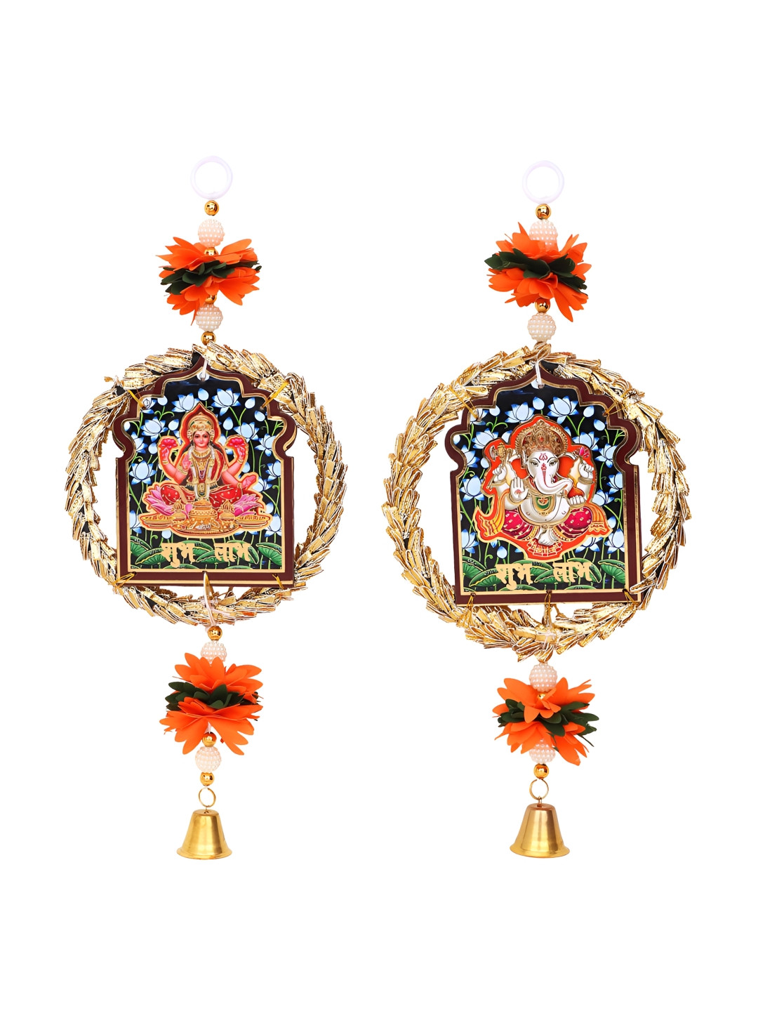 Akaar 2Pcs Orange & Green Textured Laxmi Ganesh Latkans Hanging Garlands