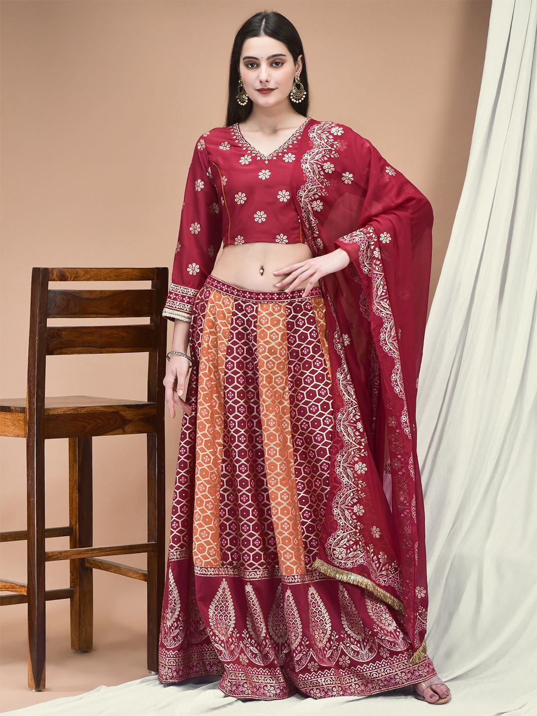 Shree Embroidered Thread Work Ready To Wear Lehenga & Blouse With Dupatta