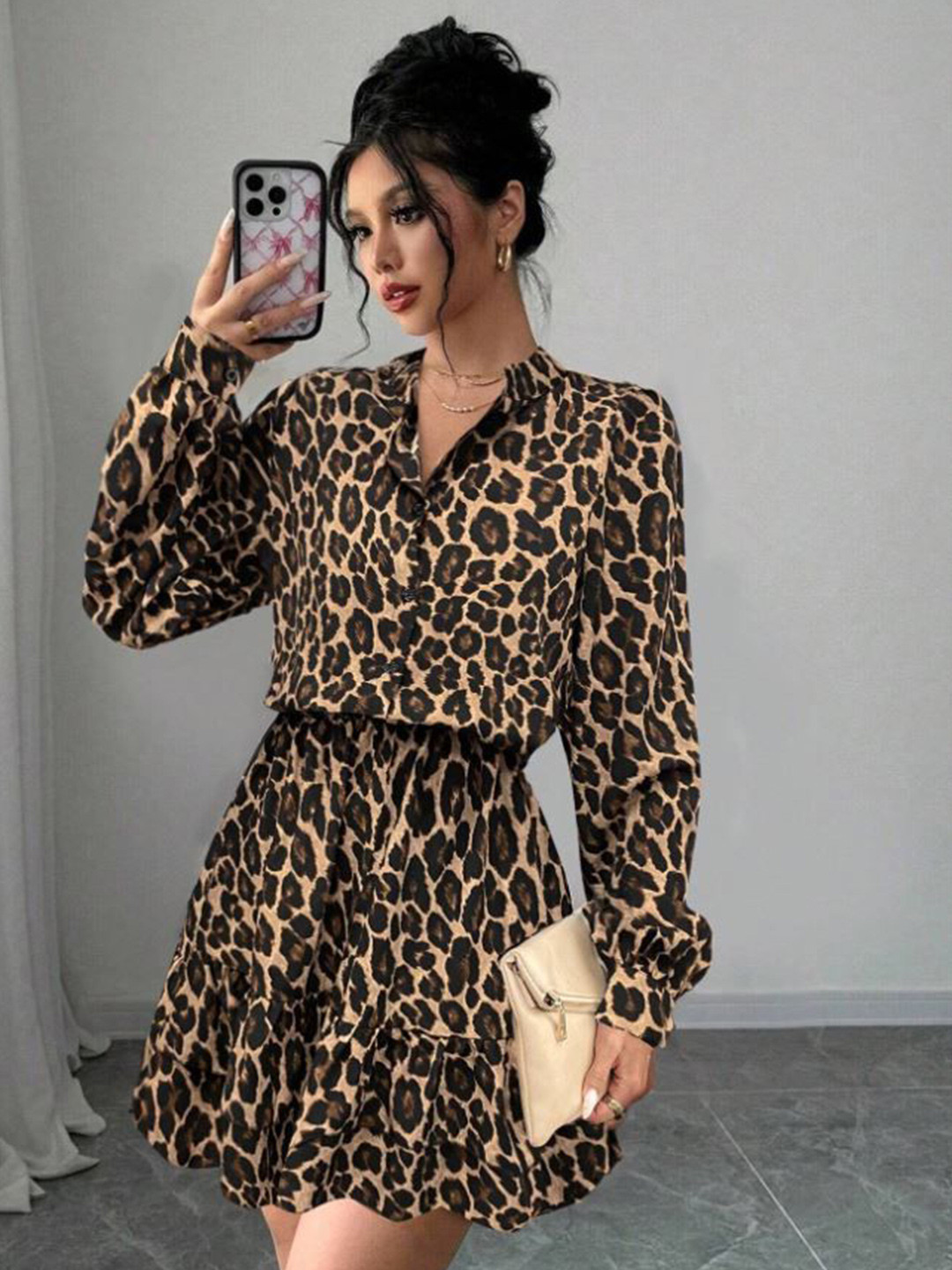 M&H Easy Women Animal Print Shirt Mini Dress