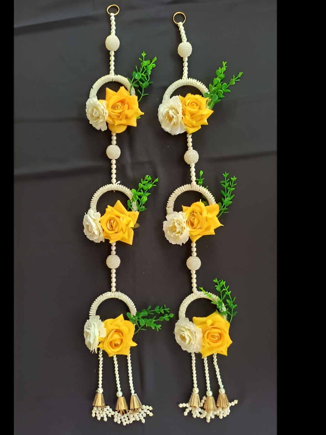 Sellplus 2Pcs Green & Yellow Textured Moti Chudi Rose Hanging Torans