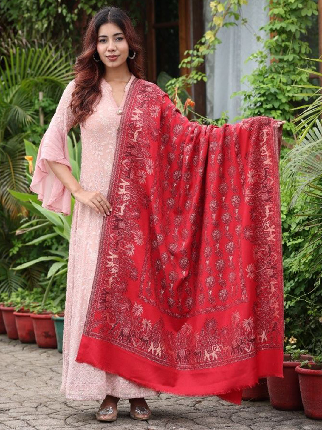 THE SHAWL STUDIO Ethnic Motifs Woven Design Animal Border Resham Kani Shawl