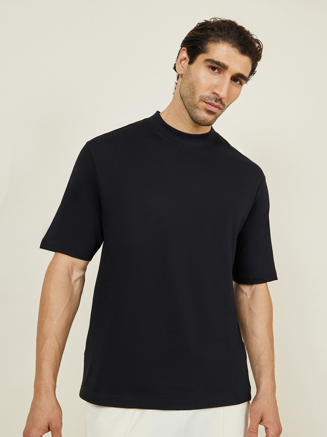 Styli Black Oversized Mock Neck Short Sleeves Cotton T-Shirt