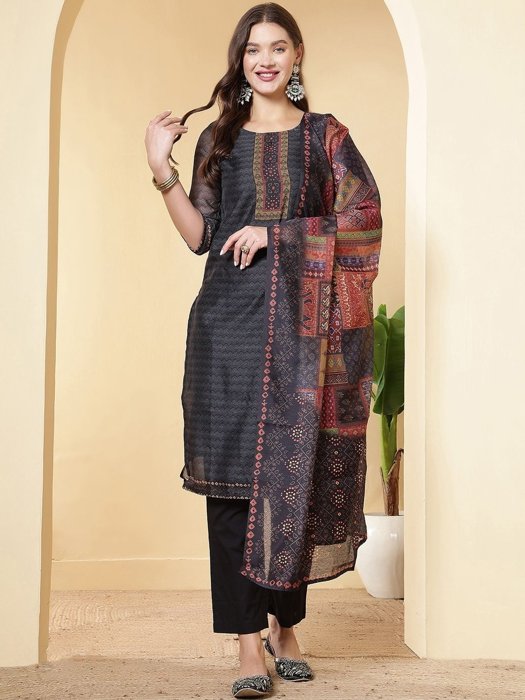 Anouk Rustic  Women  Printed Regular Polyester Kurta with Trousers & With Dupatta