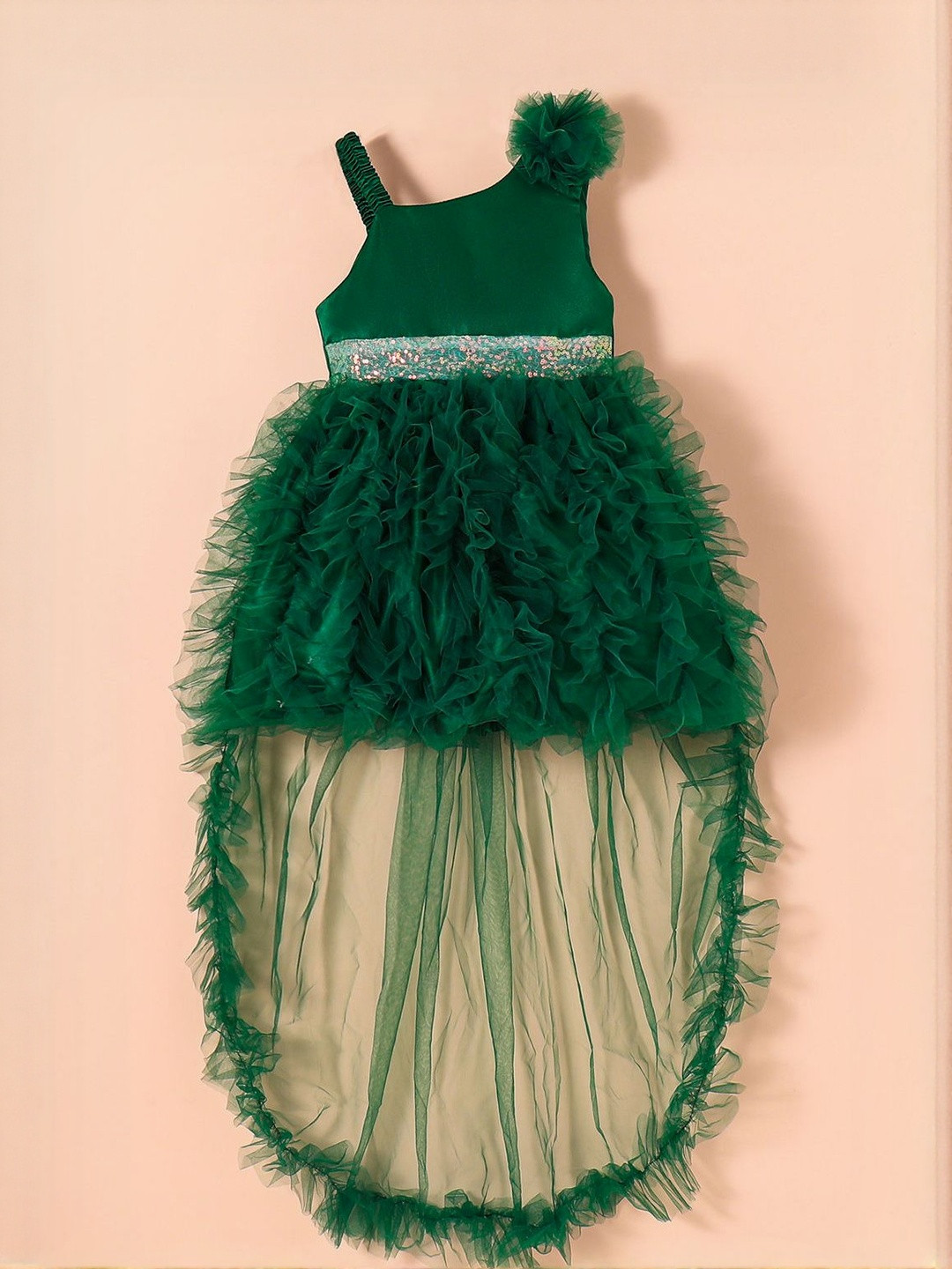 Hopscotch Girls Embellished One Shoulder Fit & Flare High-Low Feathered Dress