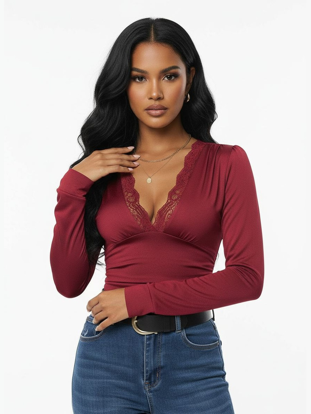 DressBerry Lace Insert Plunge Neck Bodysuit