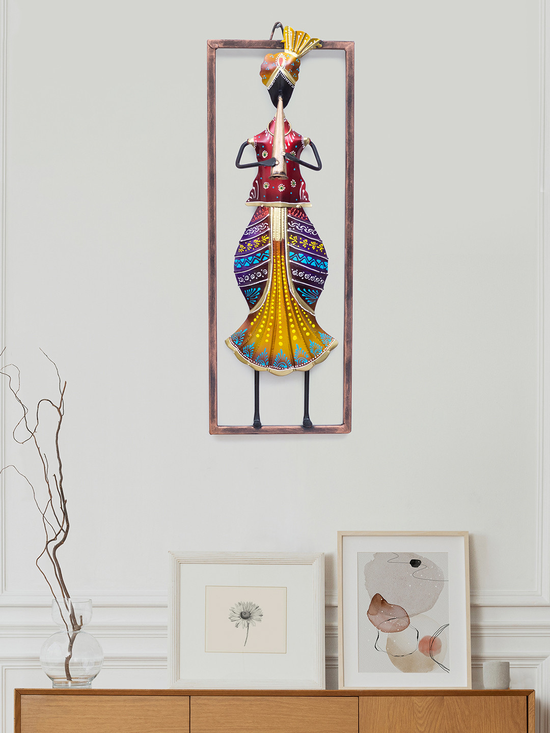 Golden Peacock Flute Playing Musician Metal Ethnic Motifs Glossy Hall Wall Hangings-19.7In