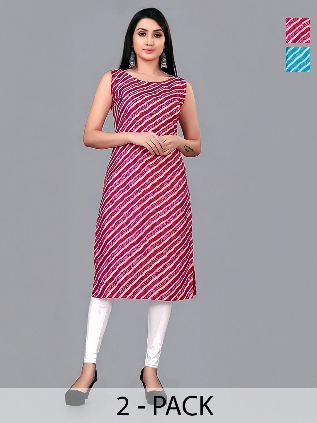 V and V shop Women Pack of 2 Leheriya Printed Crepe Kurta