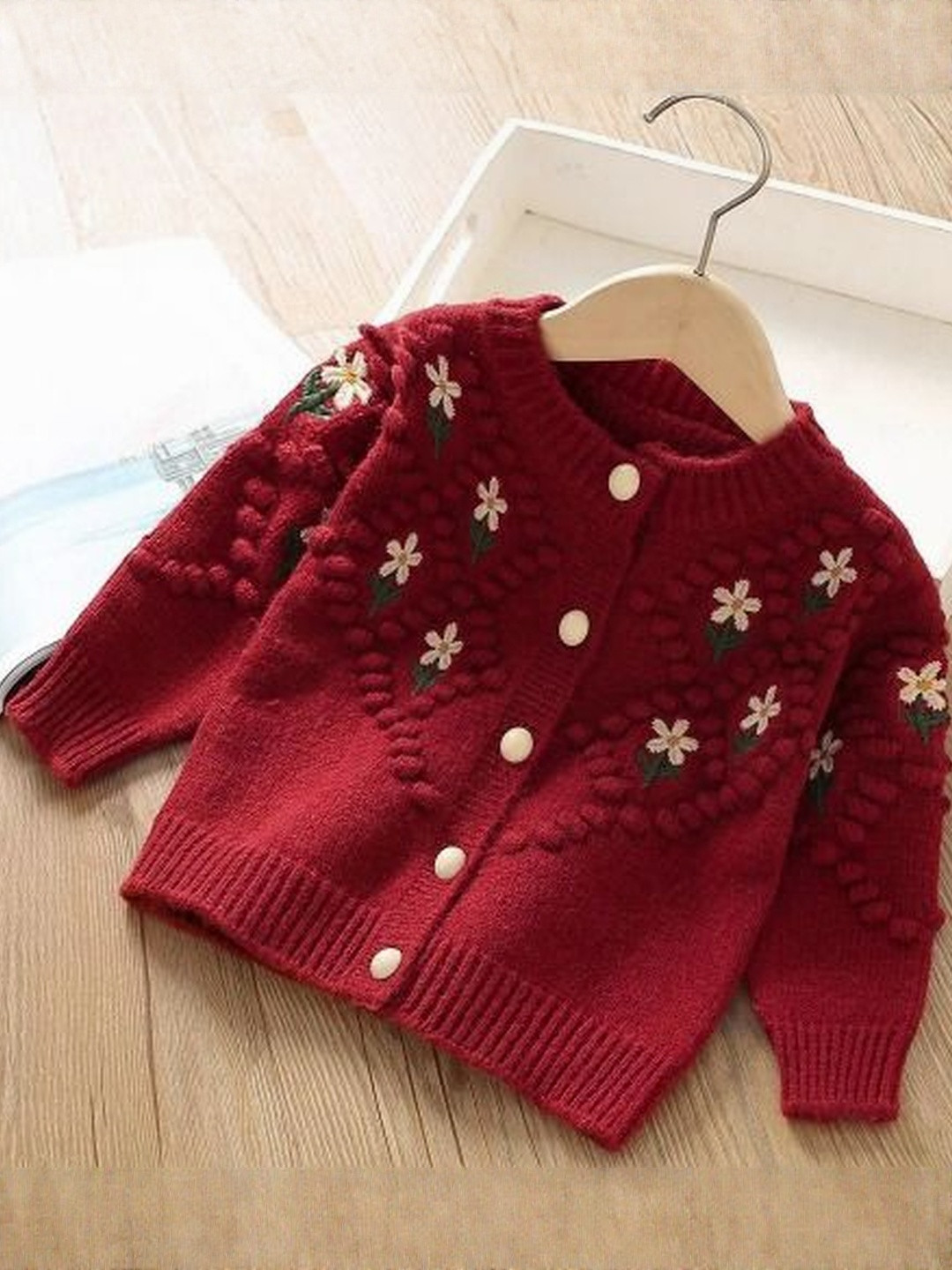 YK Girls  Red Woven design Woolen Printed Sweatshirt