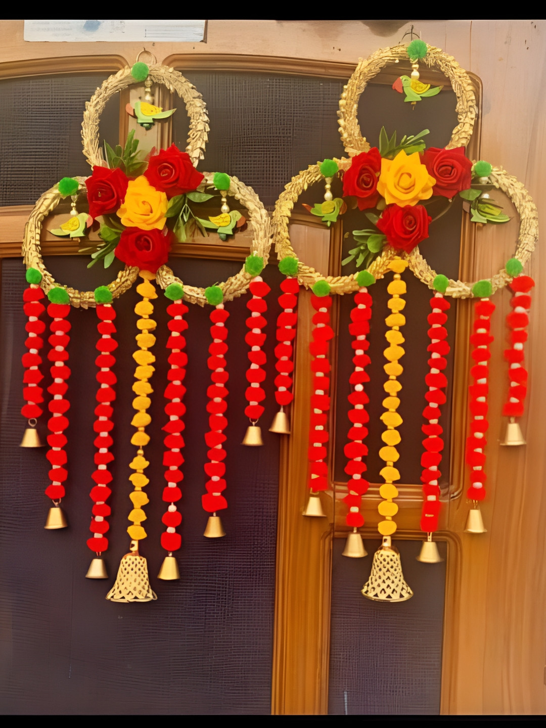 Sellplus Pack of 2 Red & Yellow Textured Rose Bell Hanging Torans