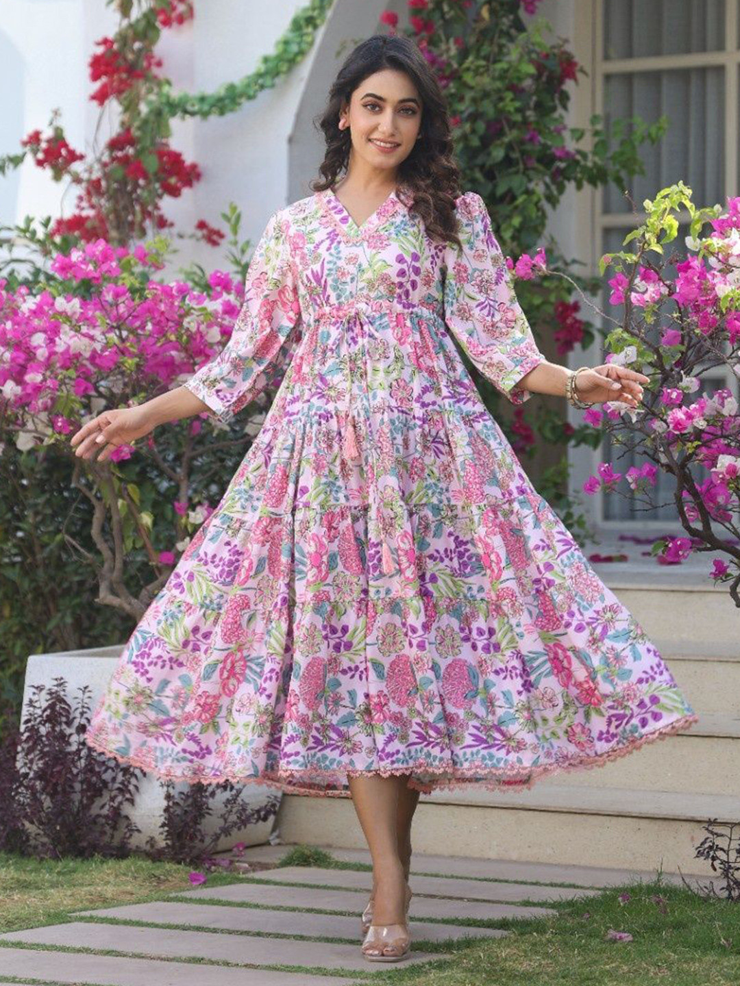 M&H Easy Women Floral Printed Fit & Flare Midi Dress