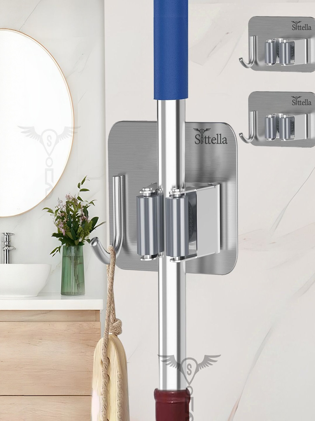 SITTELLA Siler Set of 3 Stainless Steel Broom and Mop Stick Holder