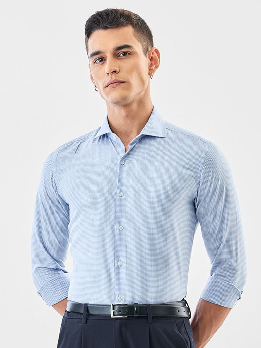 Snitch Slim Fit Micro Checked Long Sleeves Formal Shirt