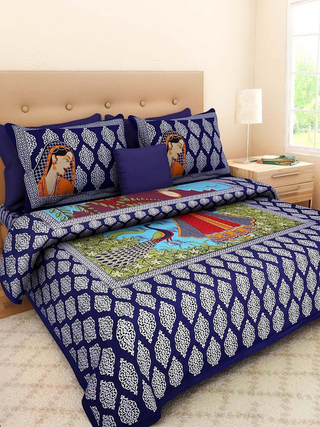 UNIBLISS Blue & White Floral 144 TC Cotton Queen Bedsheet Set 2.35m x 2.15m