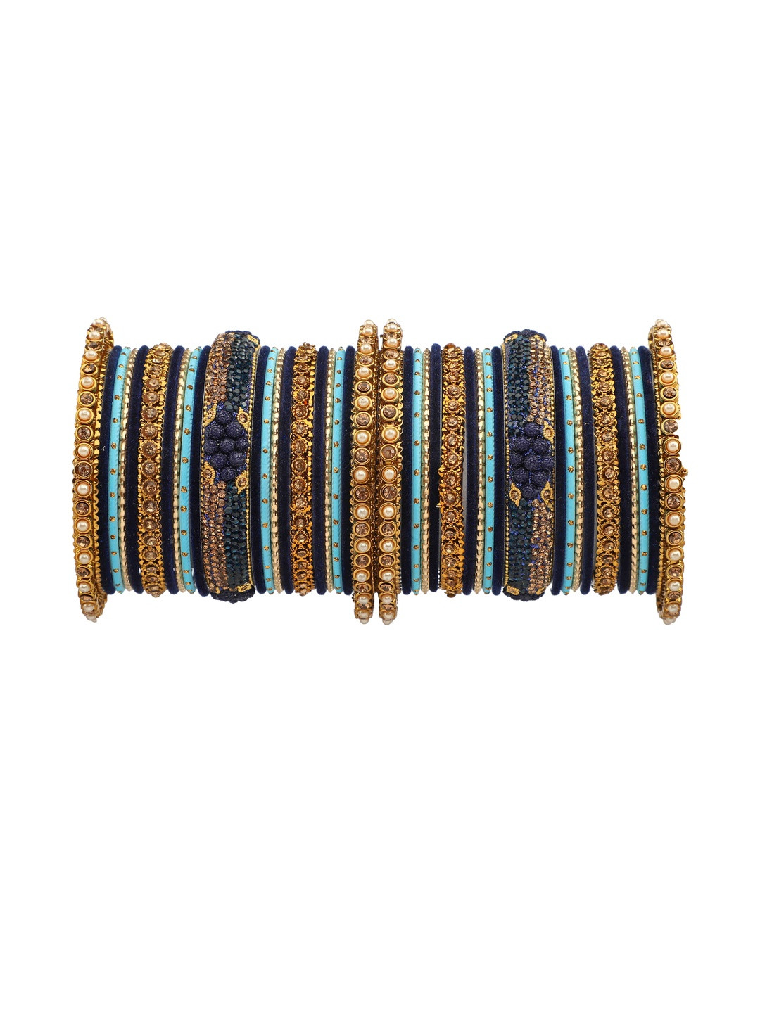 GLIKA Metal Base Zircon Gemstone Pearls Studded Gold-Plated Bangle Set