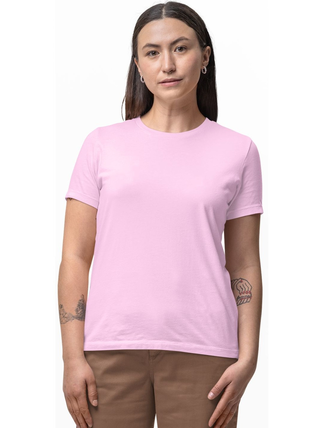 Tipsy closet Women Solid Pink Cotton Rich Regular Fit Round Neck Half Sleeve Tshirt
