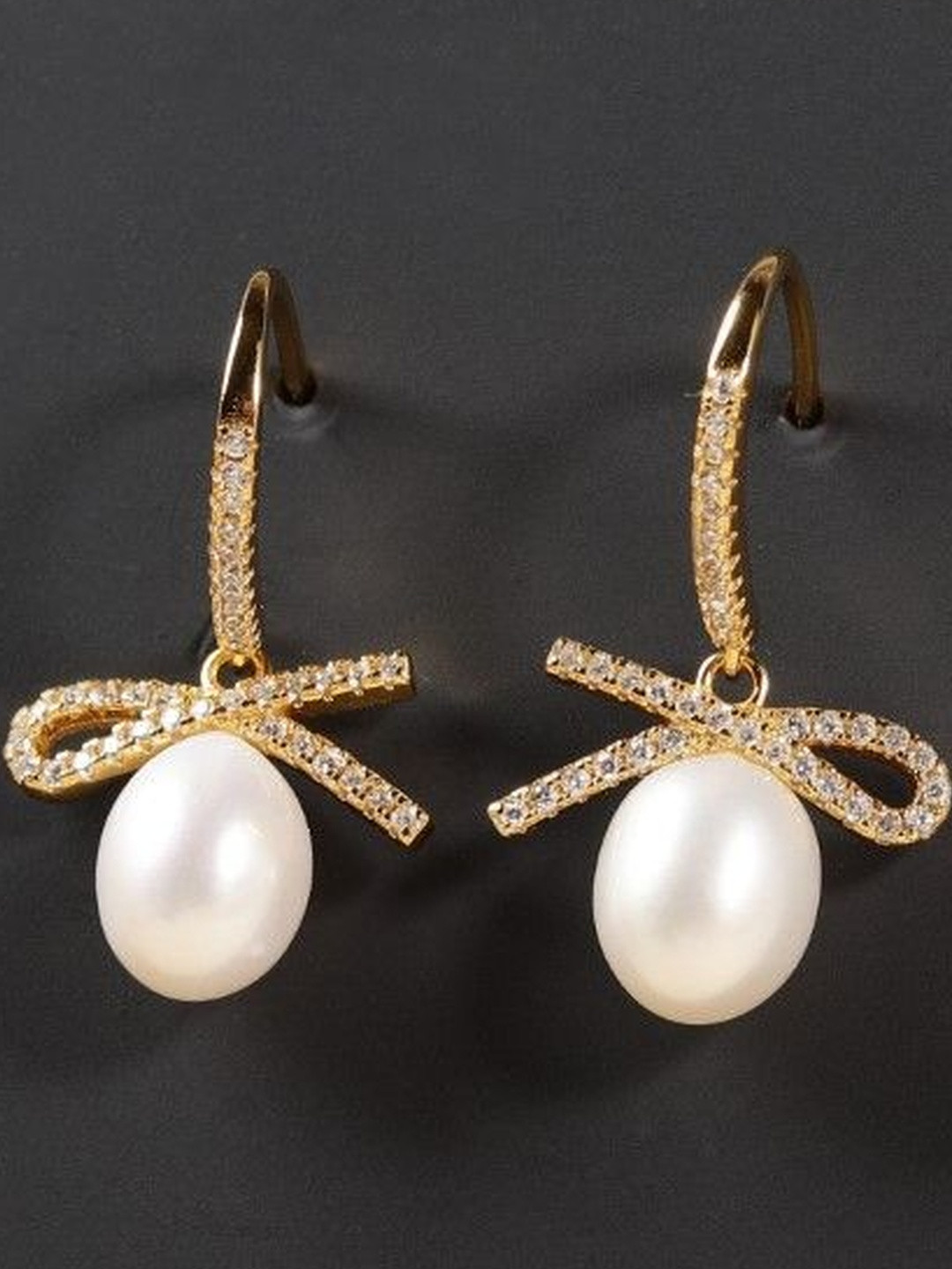 DIAVO 925 Silver Gold-Plated Stones Studded and Beaded Oval Shaped Drop Earrings