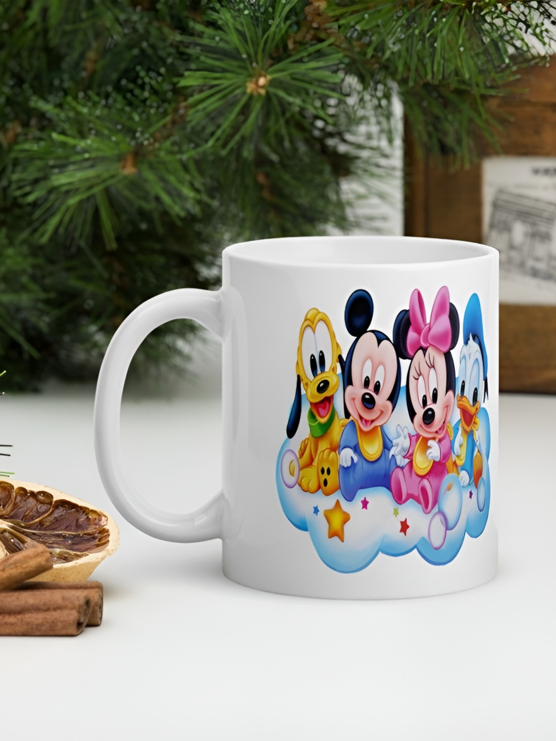 Mr UVD White & Pink Micky Mouse Printed Ceramic Glossy Mug - 350 ml