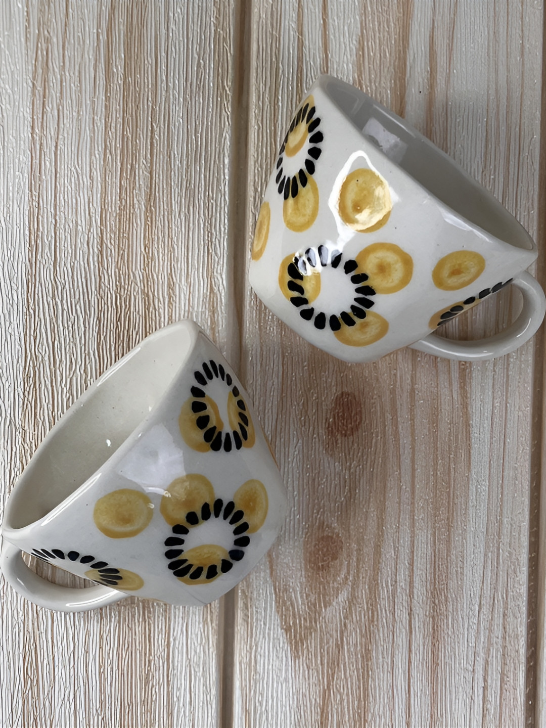THE INDIAN ROSE Off White & Yellow 2 Pieces Printed Ceramic Glossy Cups 230ml