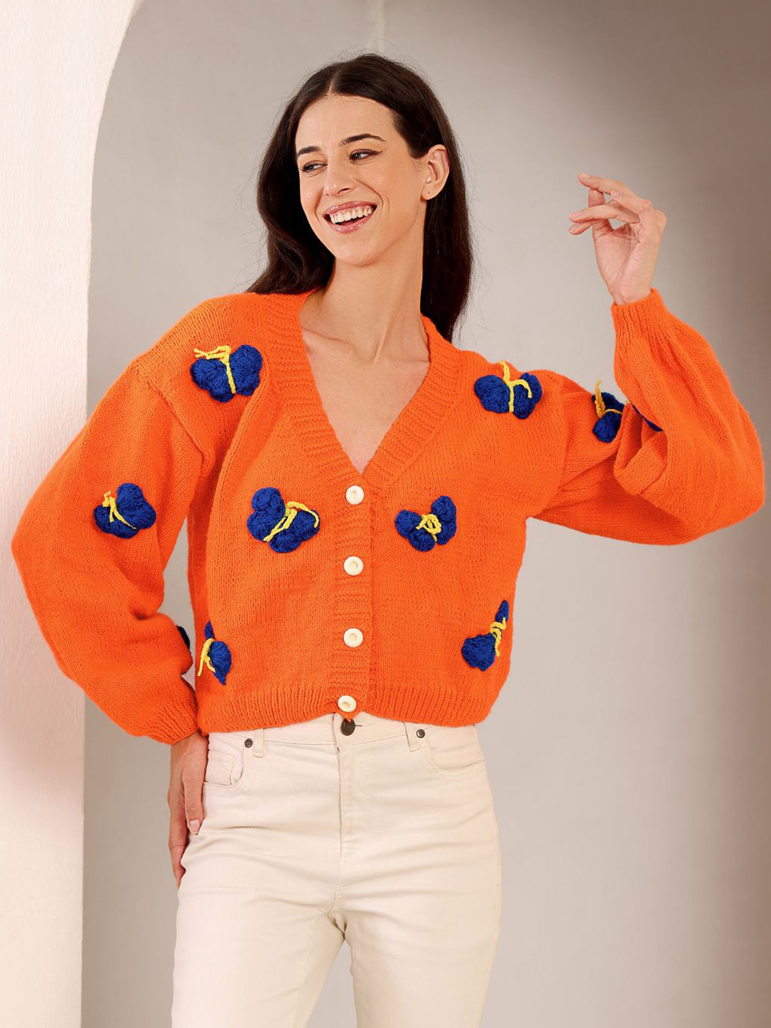 Velvery Women Butterfly Embroidered V-Neck Long Sleeve Cardigan