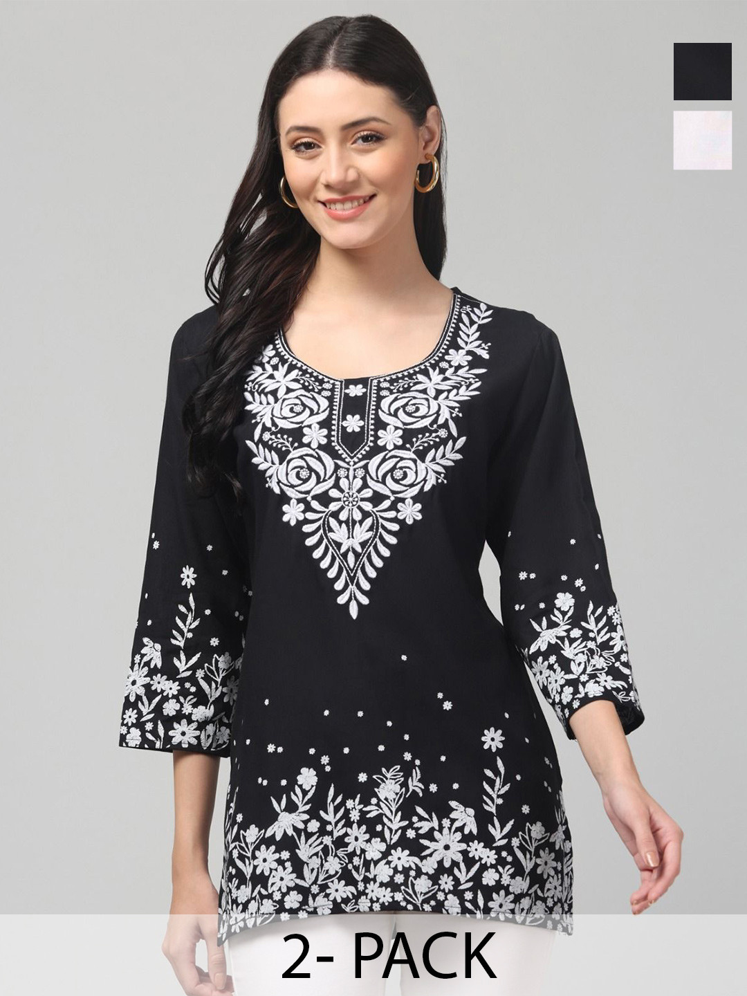 ERUDITE CLUB Selection Of 2 Floral Embroidered Chikankari Straight Kurtis
