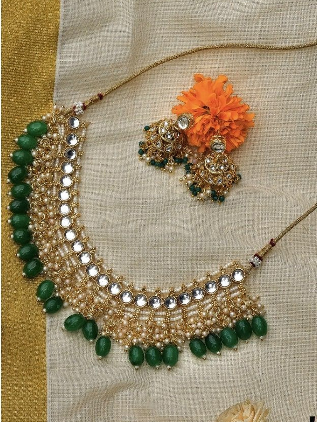 Janpath Online Silver Gold-Plated Artificial Stones and Beads Studded Necklace