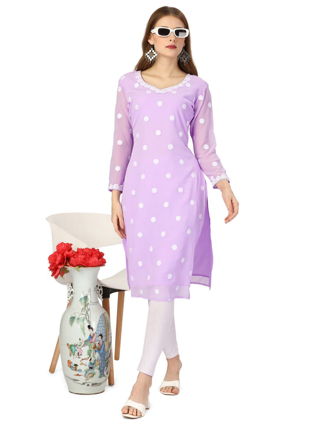 HESVI Women Floral Chikankari Lakhnavi Embroidered Daily Straight Kurta