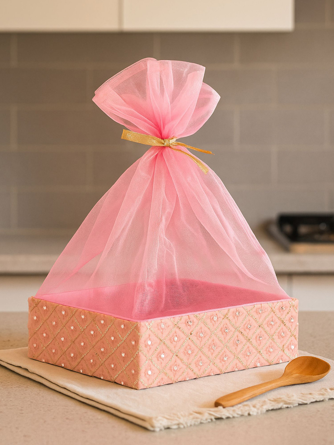 ARTSY Pink & Beige Embroidered Wooden Multi-Utility Organiser