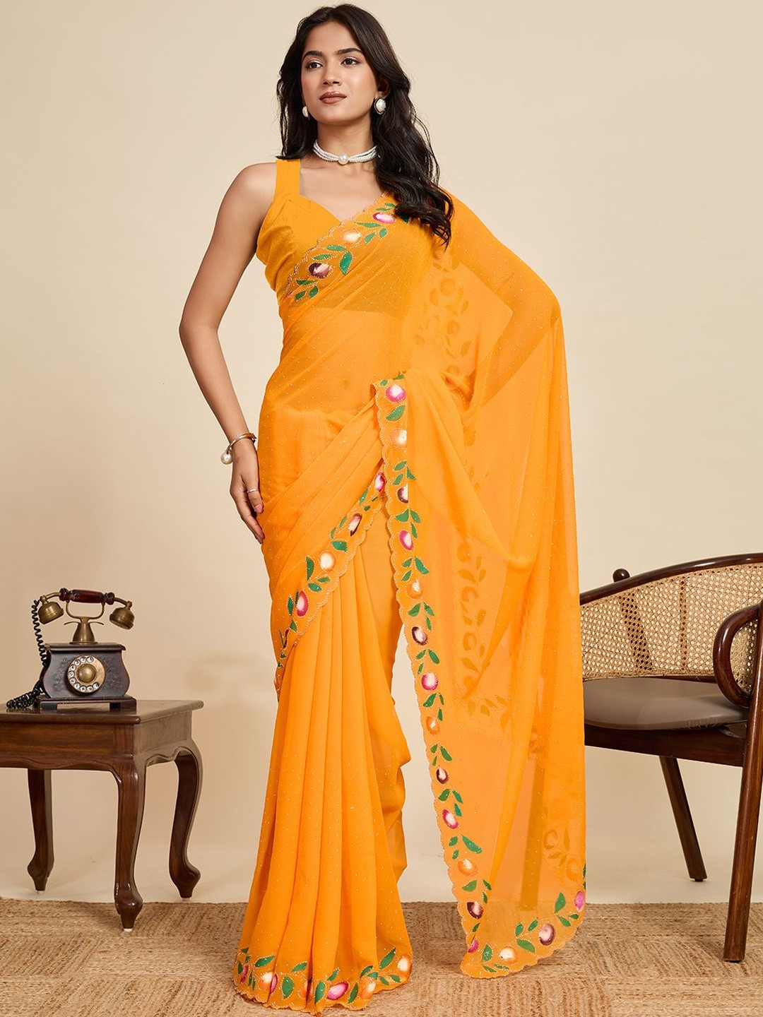 OFLINE SELECTION Embellished Embroidered Silk Blend Saree
