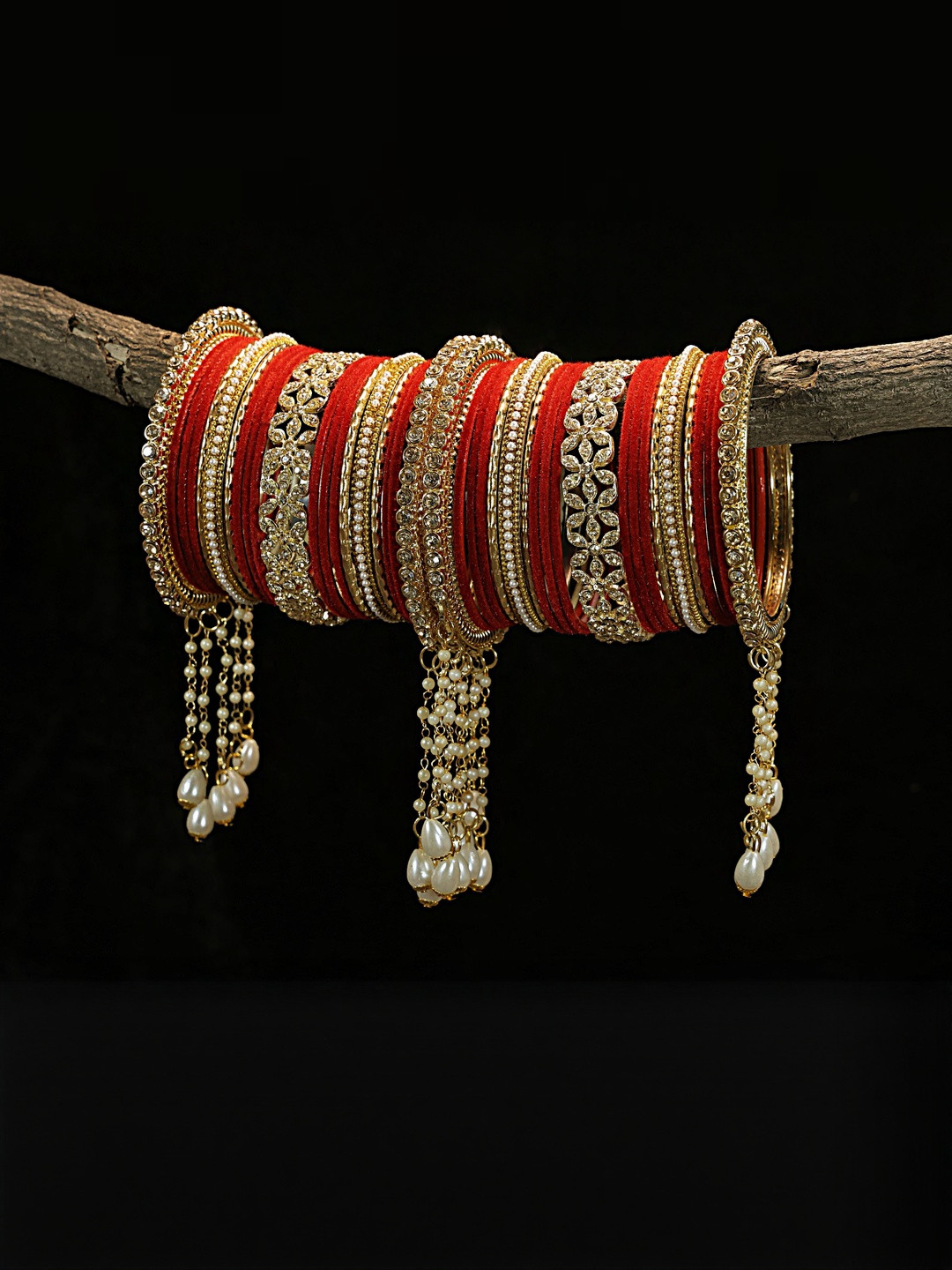 GLIKA Women Pack of 42 Zircon Gemstones & Pearls Studded Ethnic Bangle Set