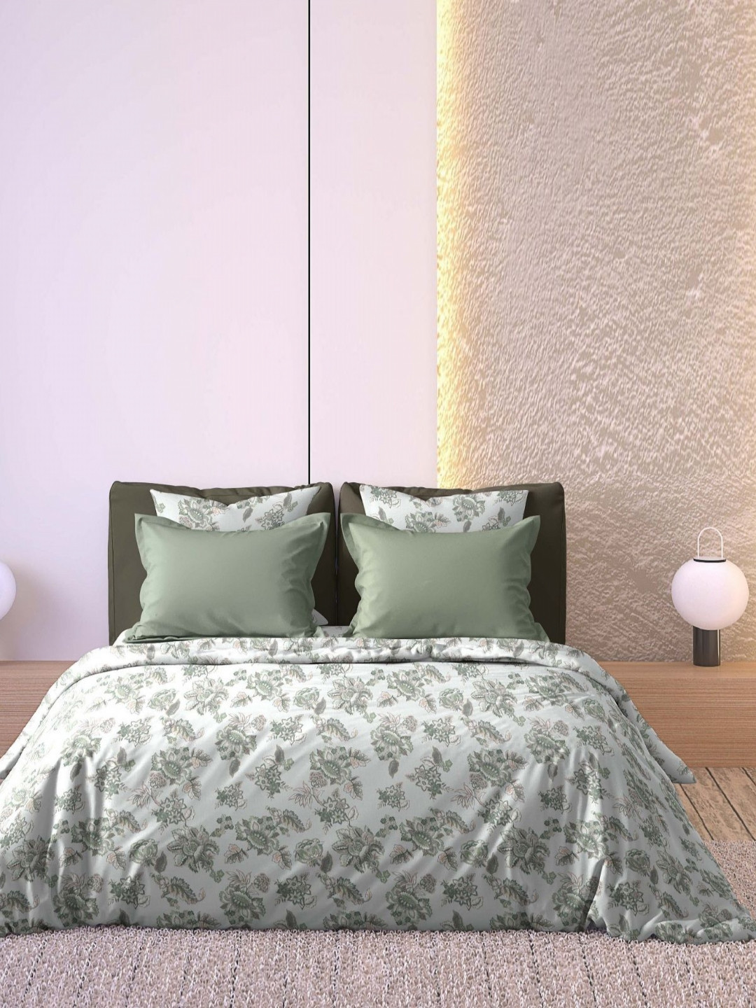 Aura Anzio Green & Grey Printed Microfiber Double King Bed Cover With 2 Pillow Covers