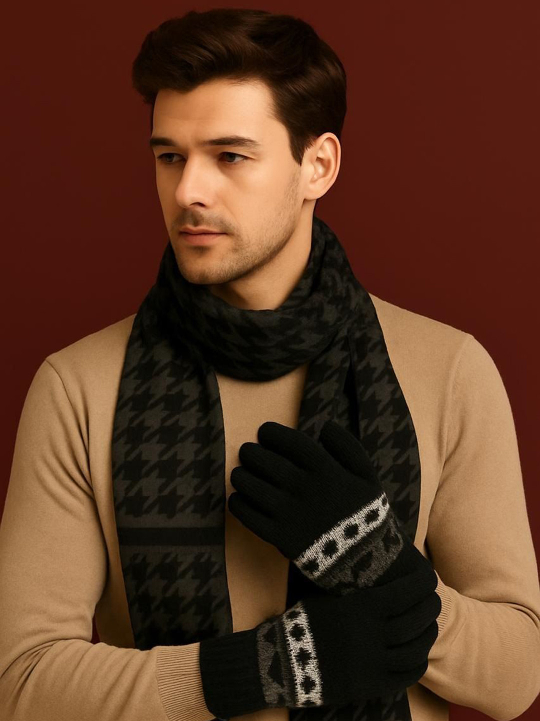 LOOM LEGACY Men Winter Wear Woollen Gloves With Muffler For Cold Weather
