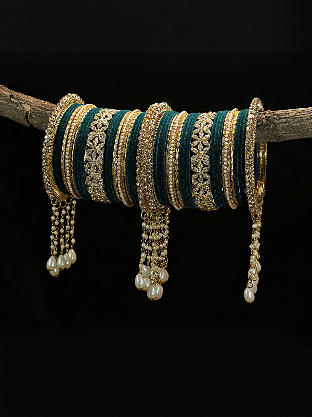 GLIKA Women Pack of 42 Zircon Gemstones & Pearls Studded Ethnic Bangle Set