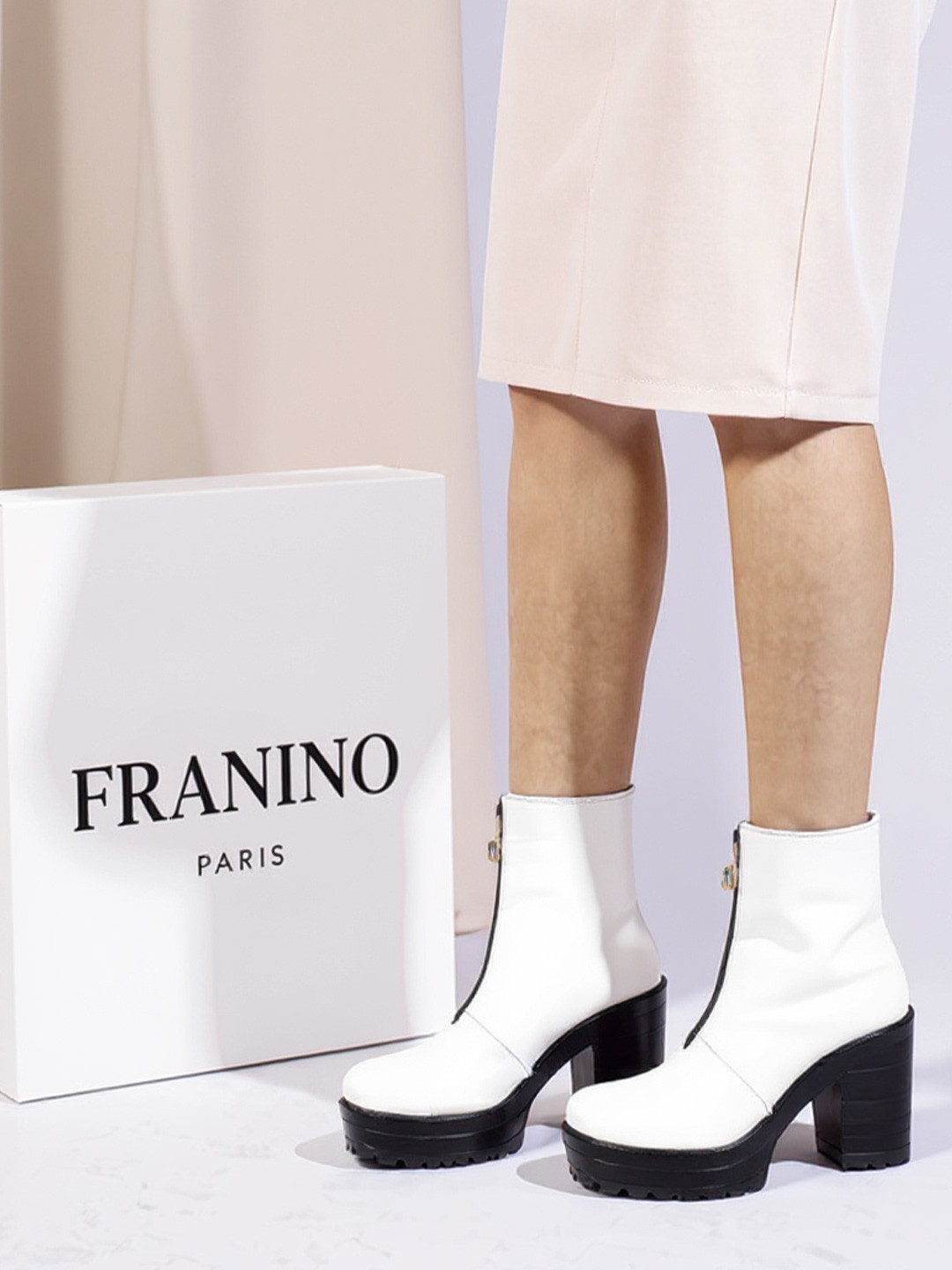 FRANINO PARIS Women Block Heel Round Toe Front Chain Boots