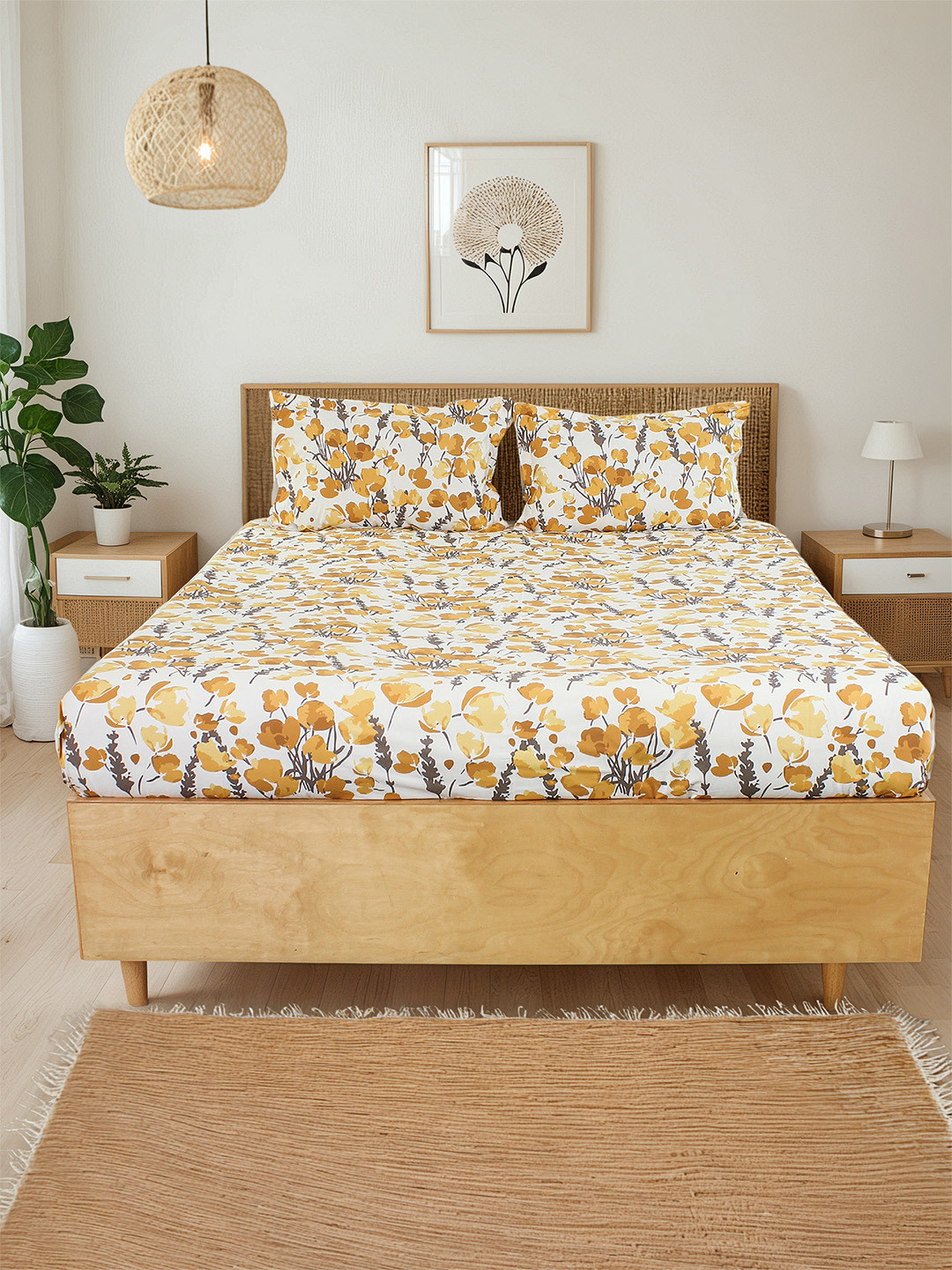 House This Yellow & White Floral 180 TC Queen Bedsheet with 2 Pillow Covers