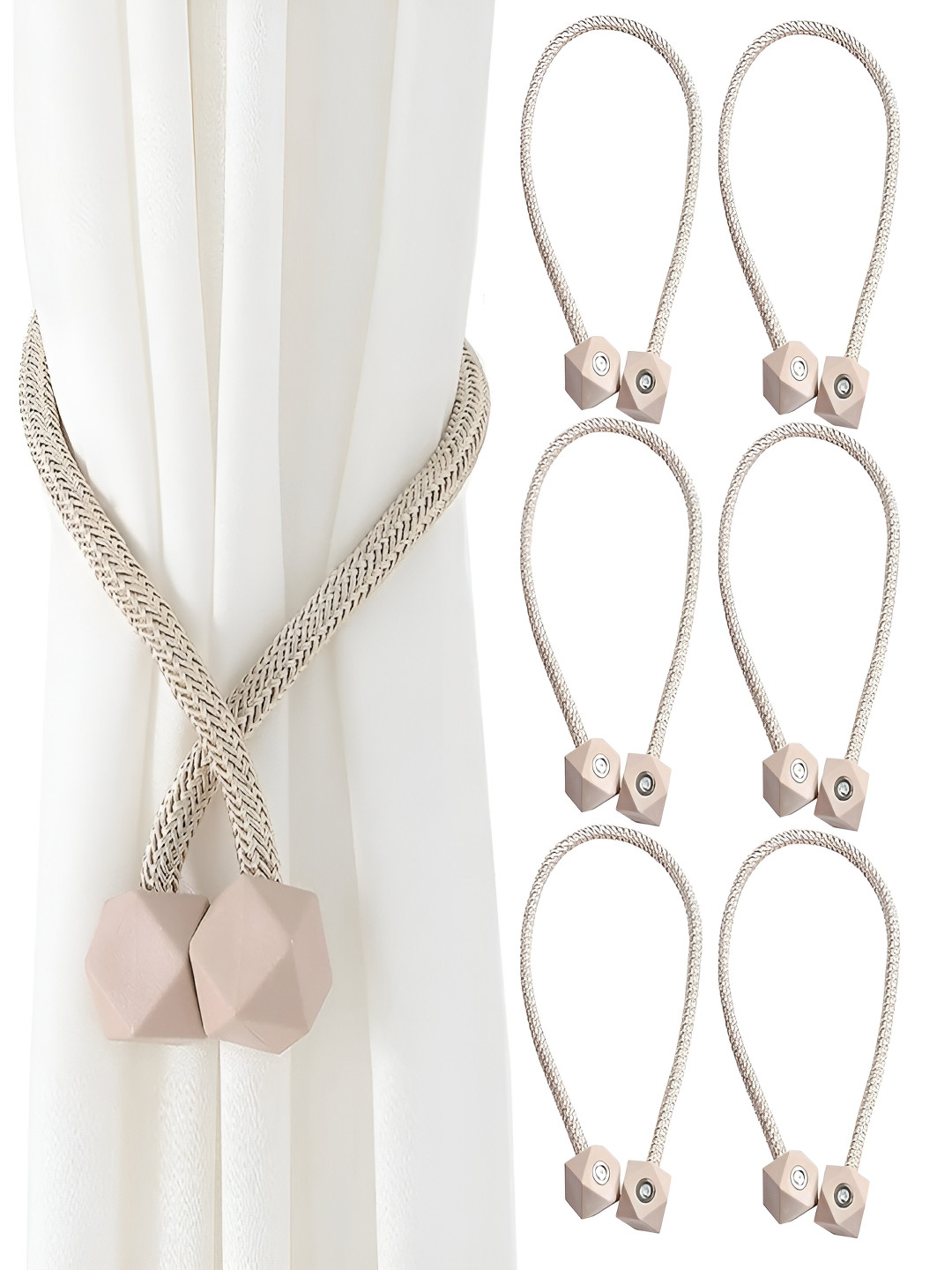 TIED RIBBONS Beige 6 Pieces Textured Curtain Tie-Backs