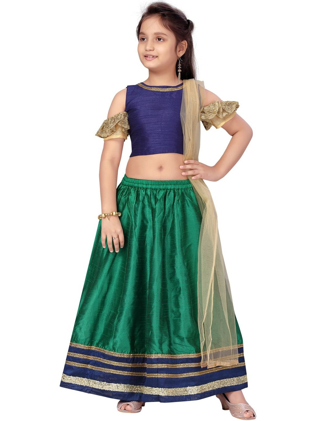 Muhuratam Girls Navy Blue & Green Solid Pattern Lehenga Choli with Dupatta Set