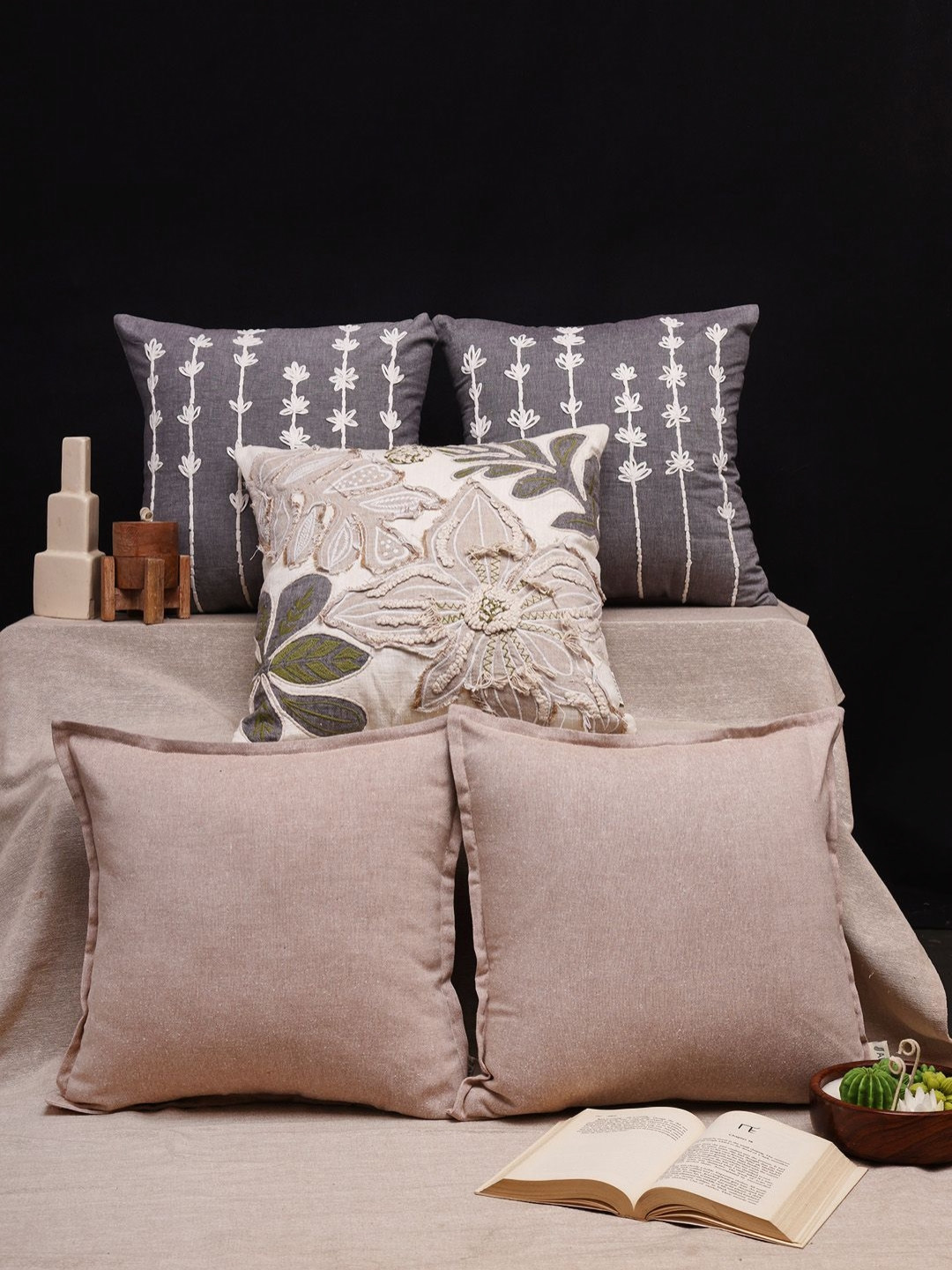 ANWYN Purple & White 3 Pcs Embroidered Patchwork Cotton Square Cushion Covers