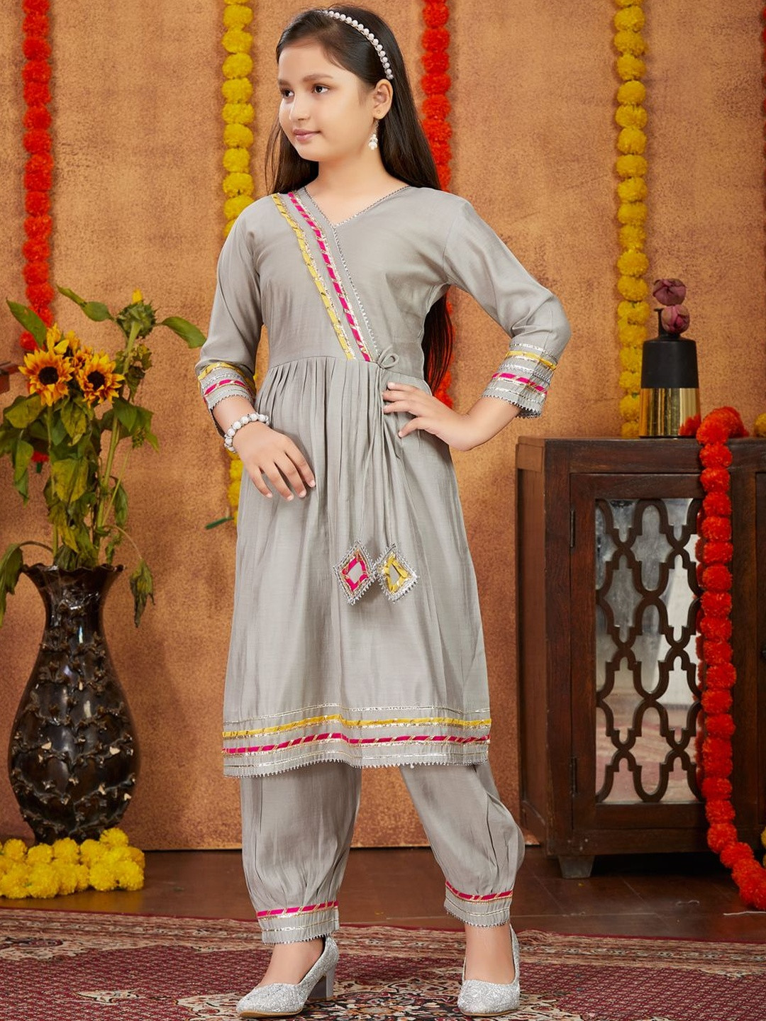 Muhuratam Girls V-Neck Gota Patti Pure Silk A-Line Kurta With Patiala