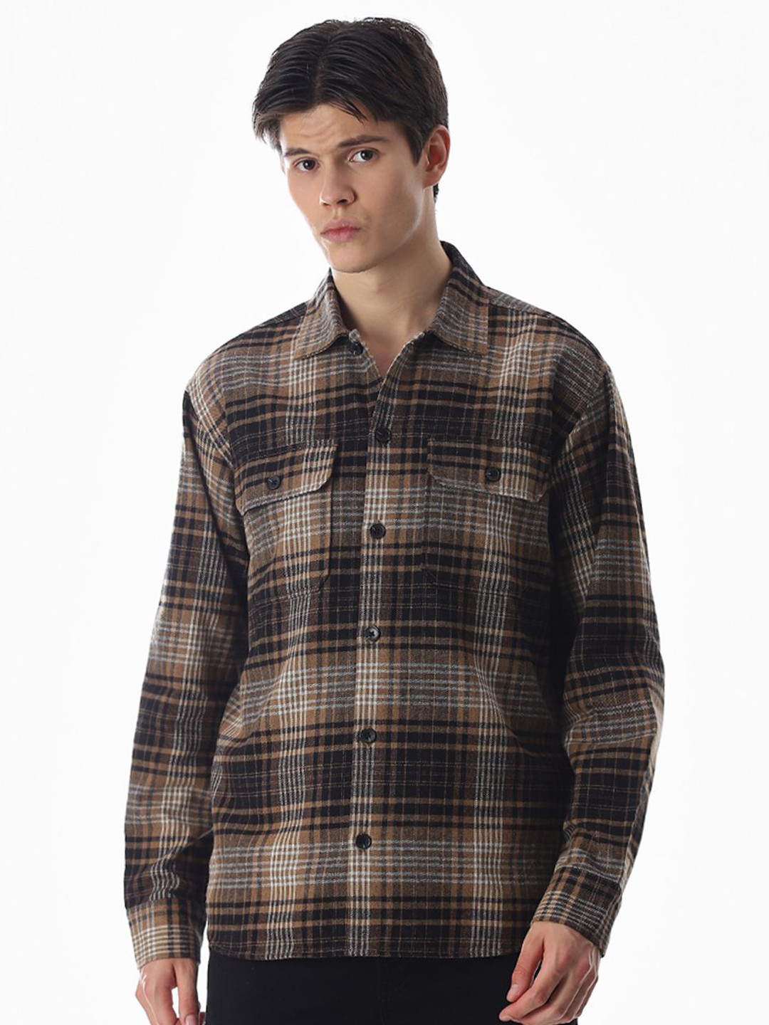 Jack & Jones Men Oversized Fit Checked Spread Collar Casual Shirt