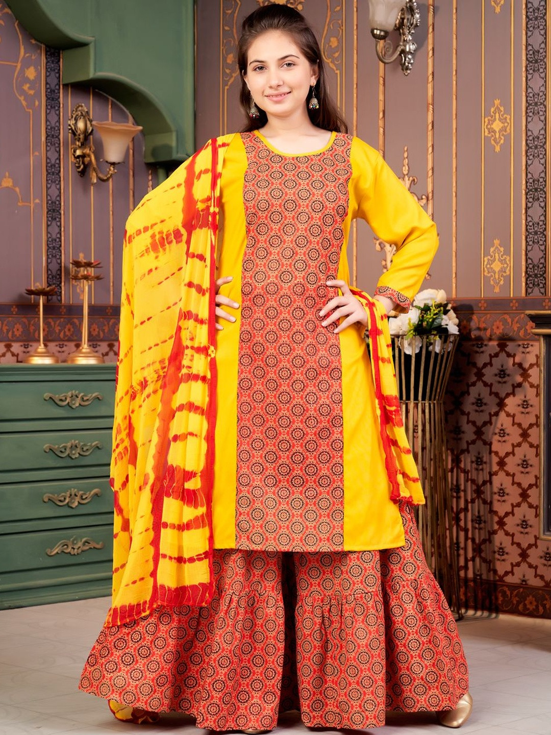 Muhuratam Girls Ethnic Wear Yellow Colour Damask Print Rayon Kurti