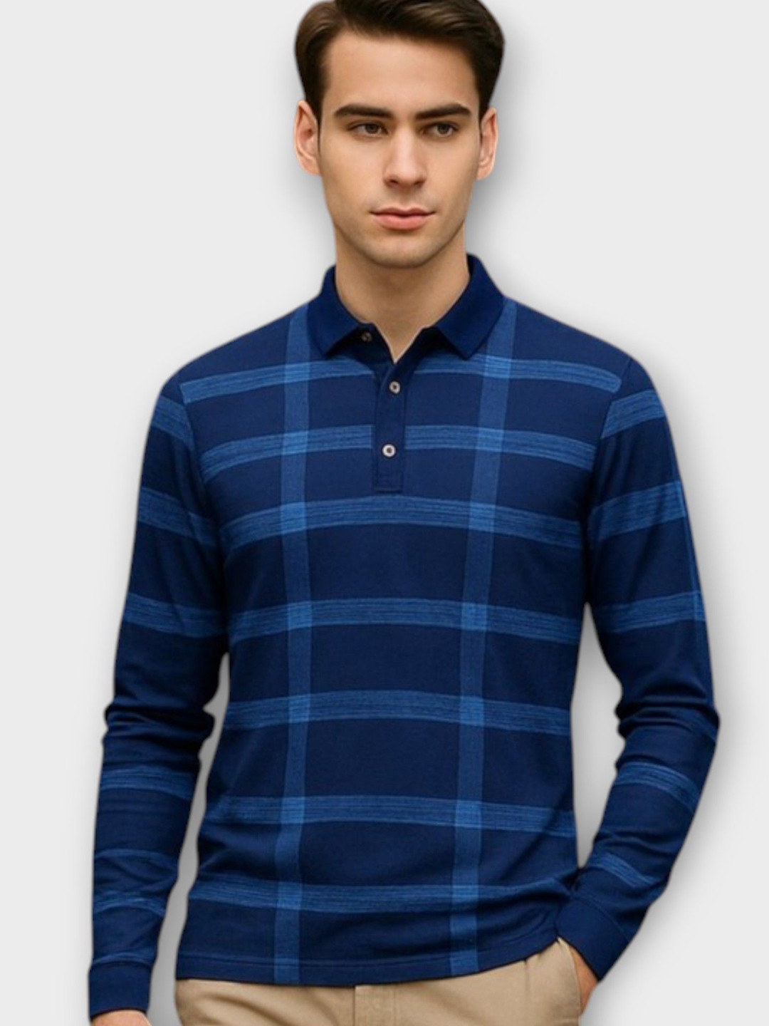 FASHIUM Navy Blue Checked Polo Collar T-shirt